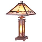 Tiffany Style Arts & Crafts 3 Light Double Lit Walnut Wood Table Lamp 15″ Shade