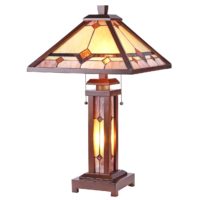 Tiffany Style Arts & Crafts 3 Light Double Lit Walnut Wood Table Lamp 15″ Shade