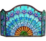 Stunning Peacock Design Tiffany Style Stained Glass Fireplace Screen 28″ T x 48″ W