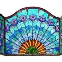 Stunning Peacock Design Tiffany Style Stained Glass Fireplace Screen 28″ T x 48″ W