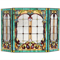 Stained Glass Folding 3 Section Fireplace Screen Tiffany Style Victorian Design