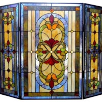 New 3 Panel Tiffany Style Stained Cut Glass Mission Arts & Crafts Design Fireplace Screen