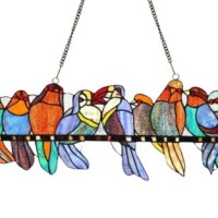 Tiffany Style Stained Glass Window Panel Gathering Birds Group On A Wire Design