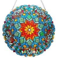 Absolutely Stunning 21″ Round Window Panel Victorian Tiffany Style Stained Glass