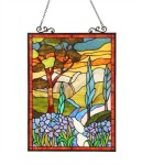 Tiffany Style Stained Glass Window Panel Mountain Floral Design 18″ W X 24″ T