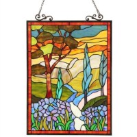 Tiffany Style Stained Glass Window Panel Mountain Floral Design 18″ W X 24″ T