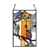 Tiffany-Style Stained Glass Window Panel Birdhouse with Flowers 19″ H 12″ W