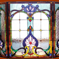 New Mission Tiffany Style Stained Glass Arts & Crafts Three Piece Fireplace Screen