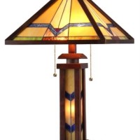 New Mission Arts & Crafts Tiffany Style Stained Glass Table Lamp with Wood & Glass Base