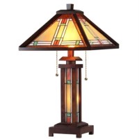 New Arts & Crafts Tiffany Style Stained Glass Wood Table Lamp With Night Light