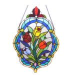 Hand-crafted Tiffany Style Oval Tulip Floral Design Stained Cut Glass Window Panel