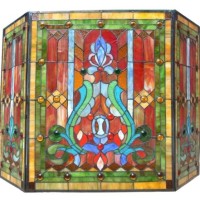 New Mission Arts & Crafts Stained Glass Tiffany Style Fireplace Screen with Shield Design